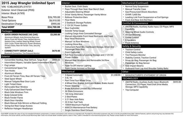 2015 Jeep Wrangler Unlimited 4WD 4dr Sport