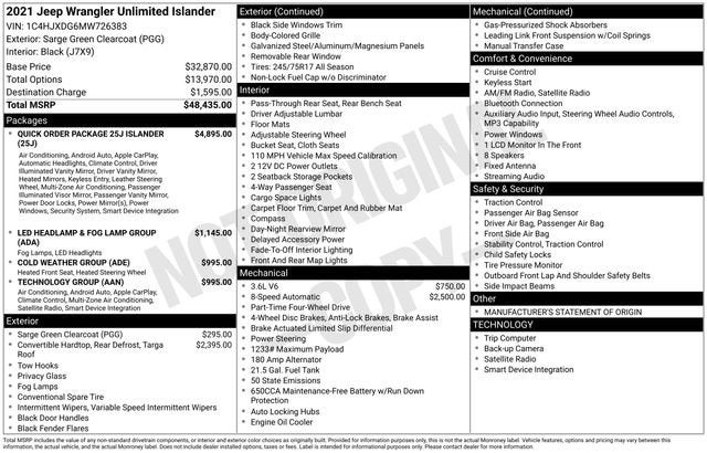 2021 Jeep Wrangler Unlimited Islander 4x4 *Ltd Avail*