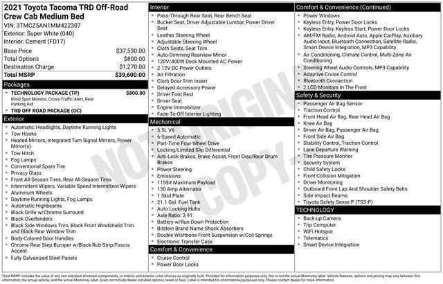 2021 Toyota Tacoma TRD Off Road Double Cab 5' Bed V6 AT
