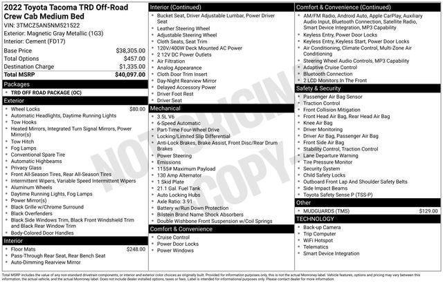2022 Toyota Tacoma TRD Off Road Double Cab 5' Bed V6 AT