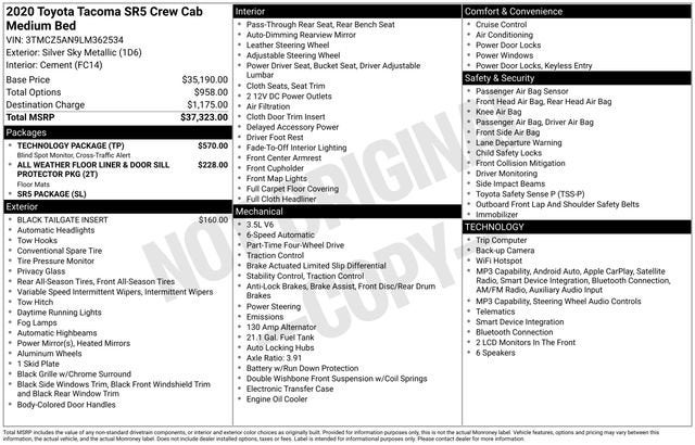 2020 Toyota Tacoma SR5 Double Cab 5' Bed V6 AT