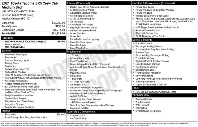 2021 Toyota Tacoma SR Double Cab 5' Bed I4 AT