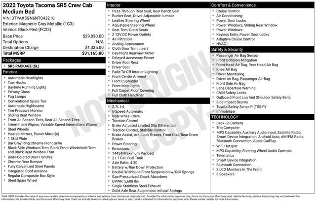 2022 Toyota Tacoma SR Double Cab 5' Bed I4 AT