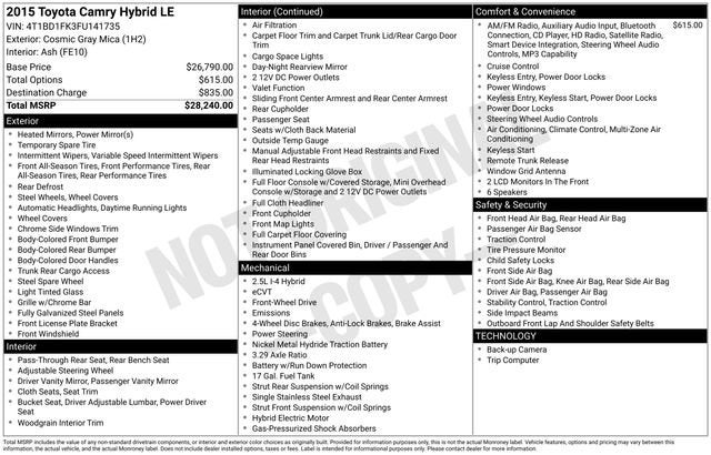 2015 Toyota Camry Hybrid 4dr Sdn LE
