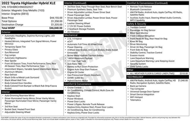2022 Toyota Highlander Hybrid XLE AWD