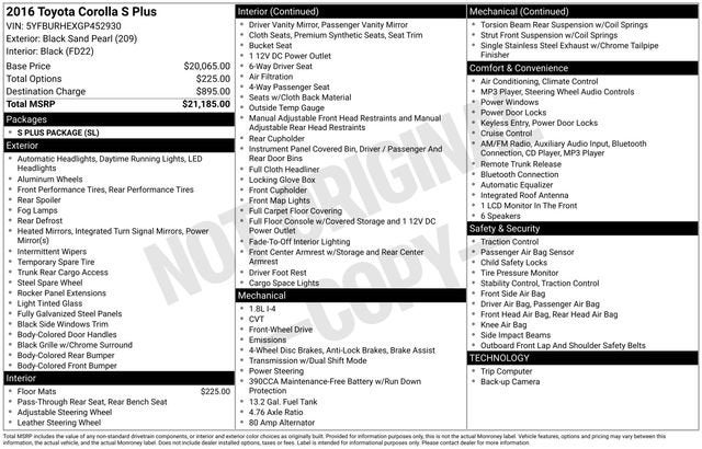 2016 Toyota Corolla 4dr Sdn CVT S Plus