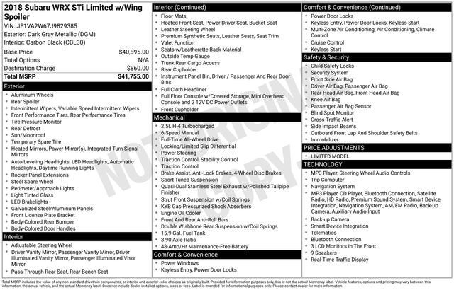 2018 Subaru WRX STI Limited Manual w/Wing Spoiler