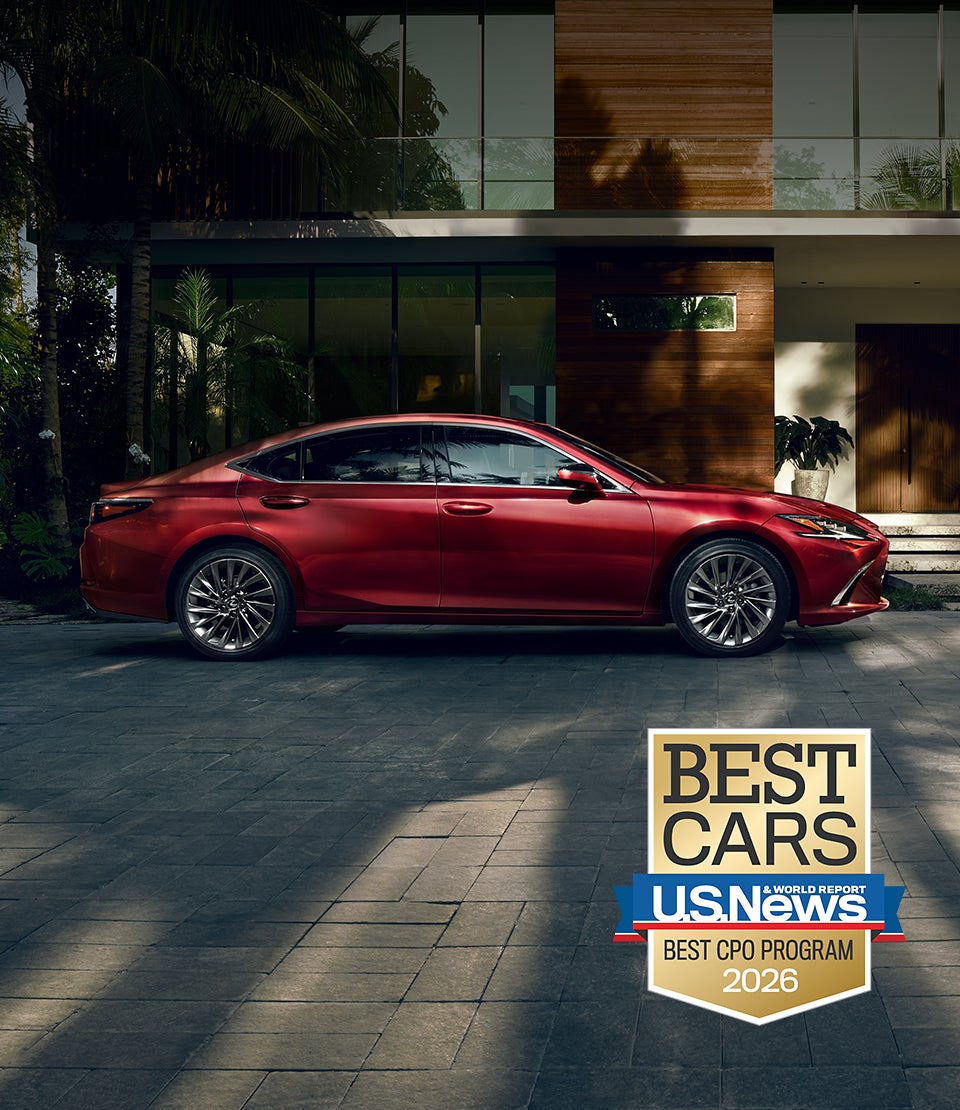 ES 350 shown in Matador Red Mica exterior color, with a U.S. News and World Report Best CPO Program badge in the background. 